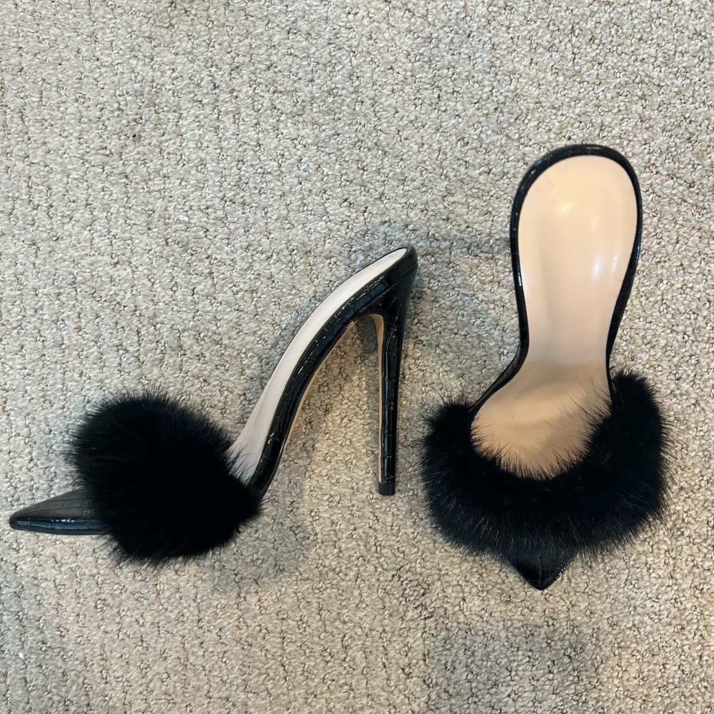 HERS - black stiletto heels + fur (brand new, never worn)